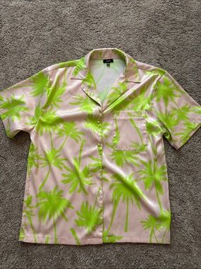 AFRM Pink oversized satin Shirt with Neon Green Palm Print
